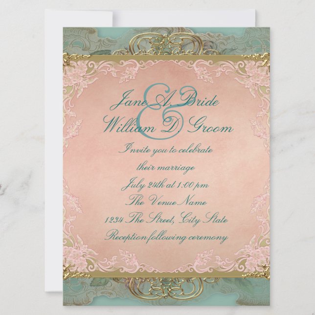 Pink Teal Blue and Gold Vintage Wedding Invitation (Front)