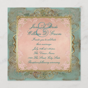 Pink Teal Blue and Gold Vintage Wedding Invitation