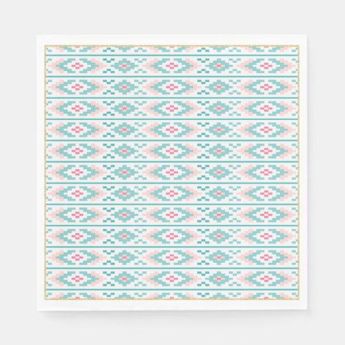 Pink Teal Blue Aztec Tribal Design Paper Napkins
