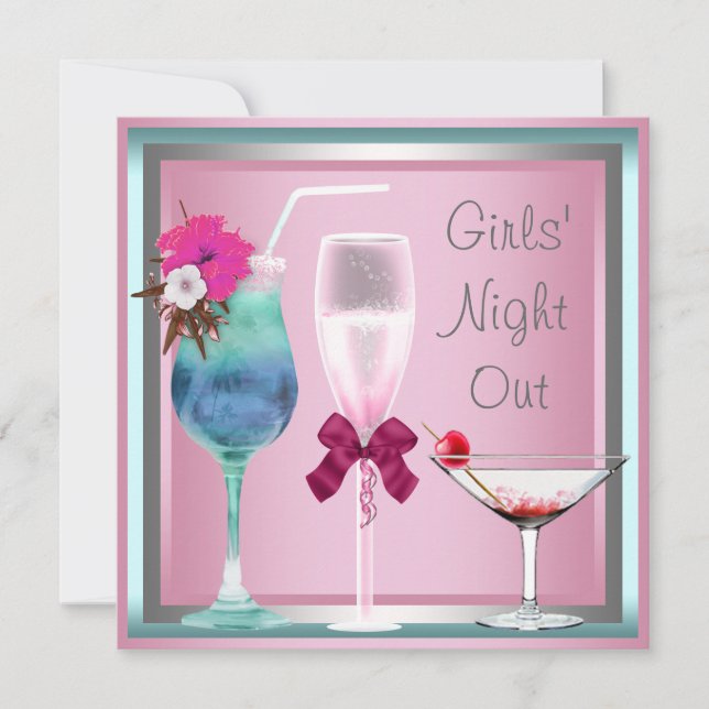 Pink Teal Blue Cocktails Bachelorette Party Invitation (Front)