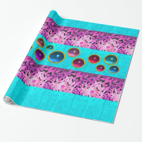 PINK TEAL BLUE DAISY FLOWERS COLORFUL GEMSTONES WRAPPING PAPER