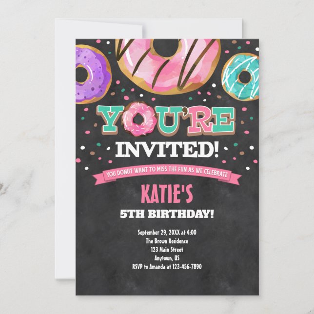 Pink Teal Blue Donut Birthday Invitation (Front)