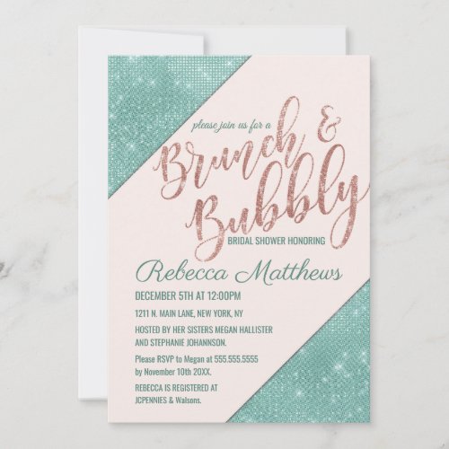 Pink Teal Blue Faux Glitter Sequin Brunch Bubbly Invitation