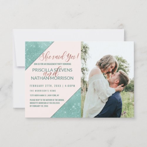 Pink Teal Blue Faux Glitter Sequin Engagement Announcement