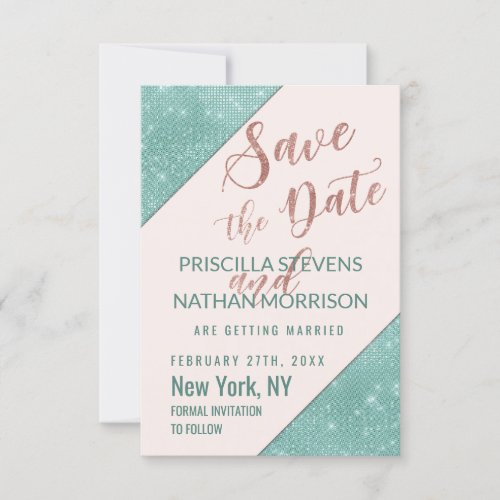 Pink Teal Blue Faux Glitter Sequin Save the Date