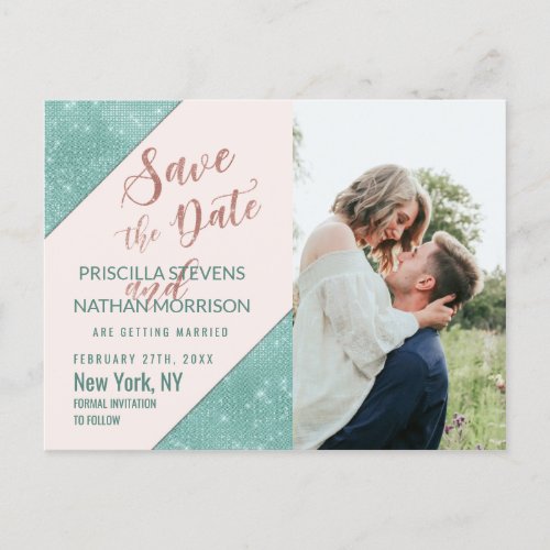 Pink Teal Blue Faux Glitter Sequin Save the Date Announcement Postcard