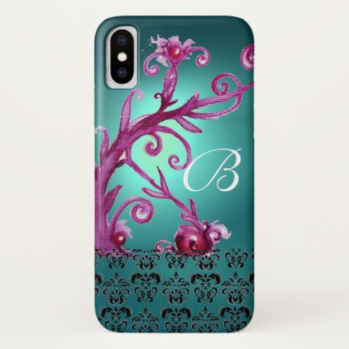 PINK TEAL BLUE FLORAL SWIRLSBLACK DAMASK MONOGRAM iPhone X CASE