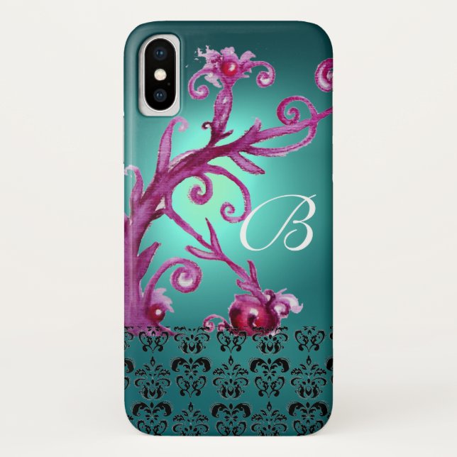 PINK TEAL BLUE FLORAL SWIRLS,BLACK DAMASK MONOGRAM Case-Mate iPhone CASE (Back)