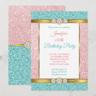 Pink Teal Blue Gold Glitter Diamond Birthday Party Invitation