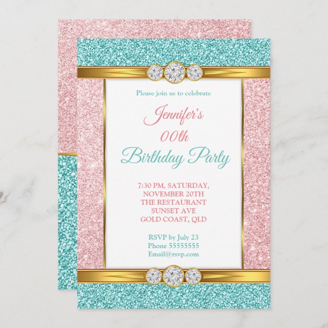 Pink Teal Blue Gold Glitter Diamond Birthday Party Invitation (Front/Back)