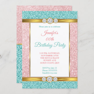 Pink Teal Blue Gold Glitter Diamond Birthday Party Invitation