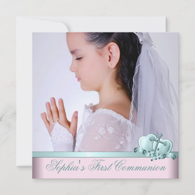 Pink Teal Blue Photo First Communion Invitations (Front)