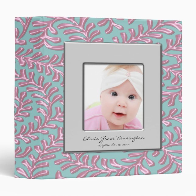 Pink & Teal Blue Photo Frame Baby Album 3 Ring Binder (Front/Spine)