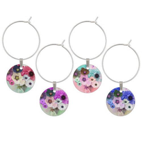 PINK TEAL BLUE PURPLE ROSES AND ANEMONE FLOWERS WINE CHARM