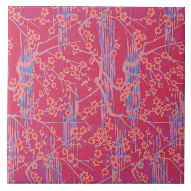 PINK TEAL BLUE SAKURA FLOWERS Japanese Floral  Ceramic Tile (Front)