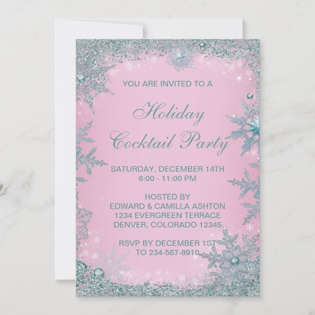 Pink Teal Blue Snowflake Christmas Party Invitation (Front)