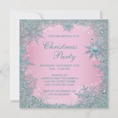 Pink Teal Blue Snowflake Christmas Party Invitation