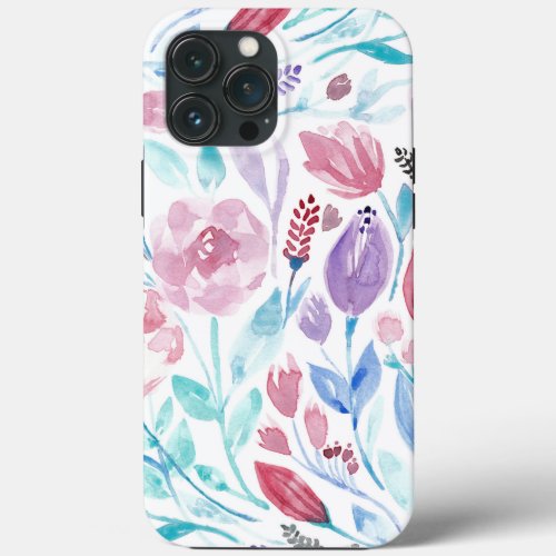 Pink Teal Blue Spring Watercolor Flowers iPhone 13 Pro Max Case