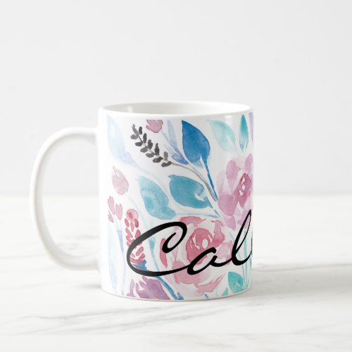 Pink Teal Blue Spring Watercolor Flowers Monogram Coffee Mug