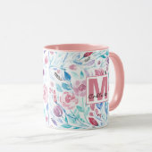 Pink Teal Blue Spring Watercolor Flowers Monogram Mug (Front Right)