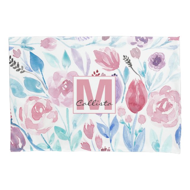 Pink Teal Blue Spring Watercolor Flowers Monogram Pillow Case (Front)