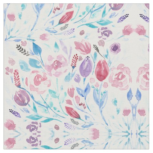 Pink Teal Blue Spring Watercolor Flowers Pattern Fabric