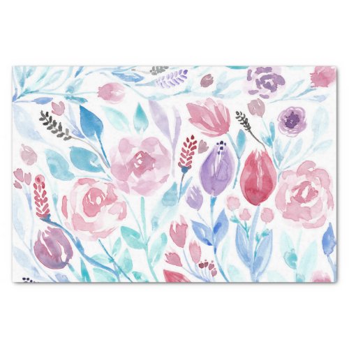 Pink Teal Blue Spring Watercolor Flowers Pattern Tissue Paper