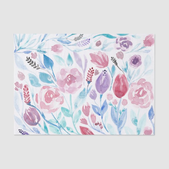Pink Teal Blue Spring Watercolor Flowers Pattern Tissue Paper (Front)