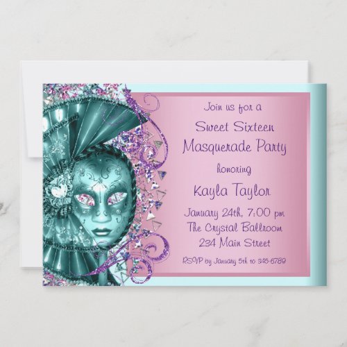 Pink Teal Blue Sweet Sixteen Masquerade Party Invitation