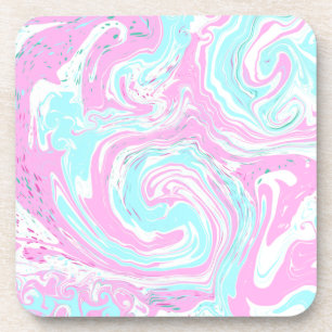 Pink, Teal Blue Swirled Marble Fluid Art Beverage Coaster