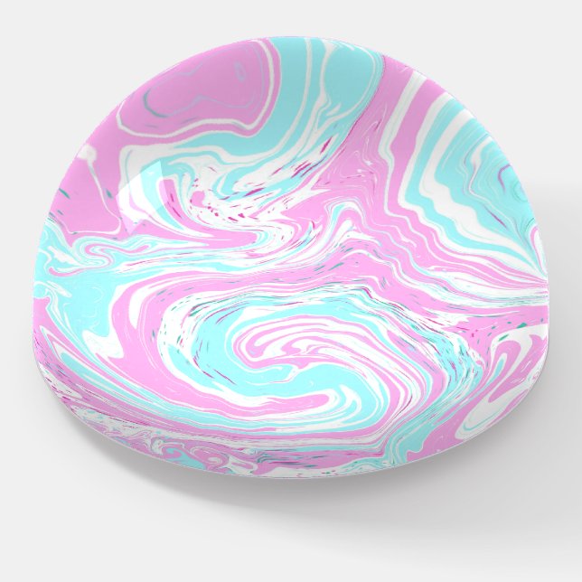 Pink, Teal Blue Swirled Marble Fluid Art  Paperweight (Angled)