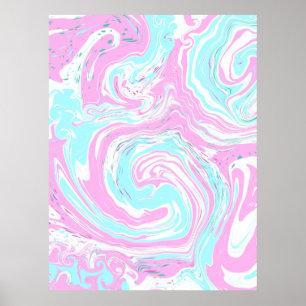 Pink, Teal Blue Swirled Marble Fluid Art Poster