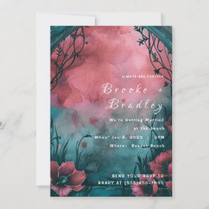 Pink Teal Blue Watercolor Floral Wedding Invitation