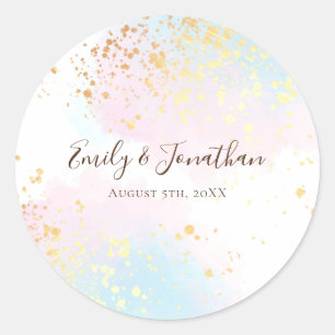 Pink Teal Blue Watercolor Gold Names Date Wedding Classic Round Sticker