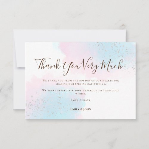 Pink Teal Blue Watercolor Silver Photo Wedding Thank You Card