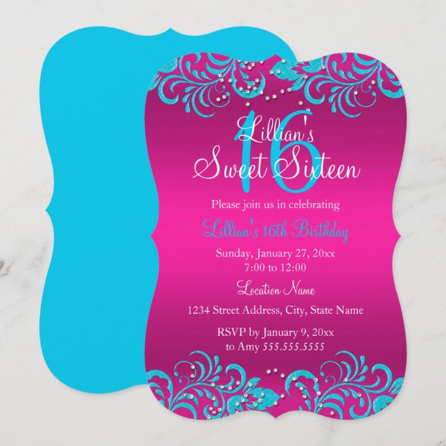 Pink & Teal Bright Floral Swirl Sweet 16 Invite (Front/Back)