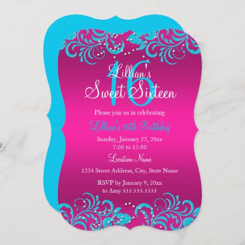 Pink  Teal Bright Floral Swirl Sweet 16 Invite