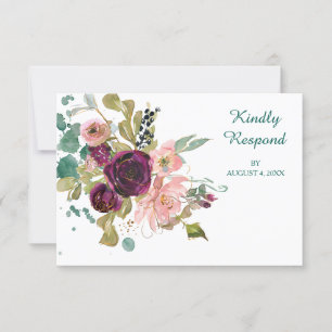 Pink Teal Burgundy Floral Wedding RSVP