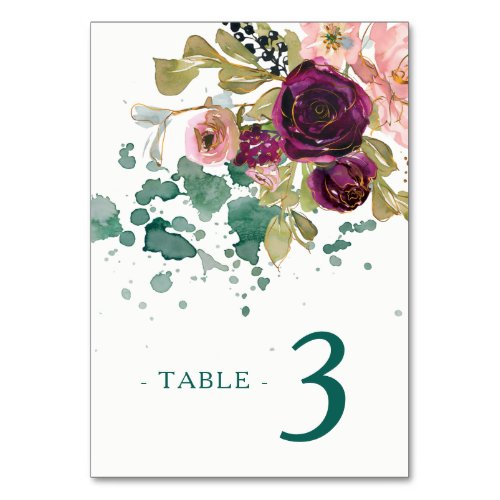 Pink Teal Burgundy Floral Wedding Table Number