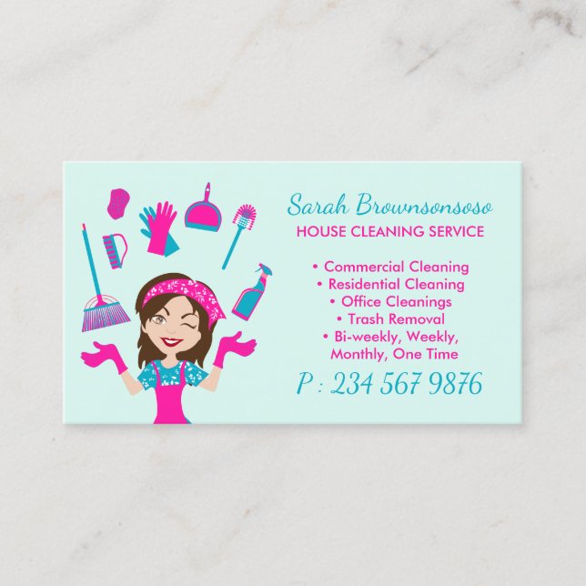 Pink teal Cartoon House Cleaning Service Business Card (Front)