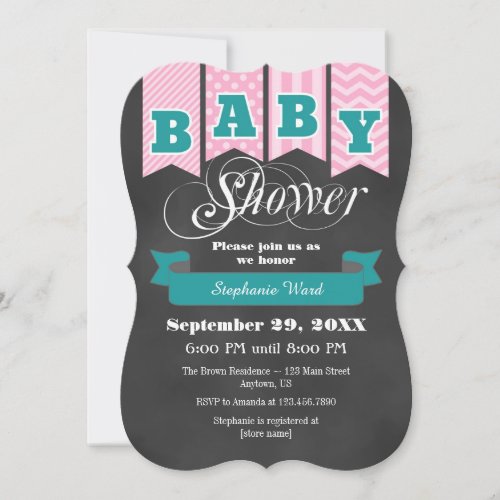 Pink Teal Chalkboard Flag Baby Shower Invite