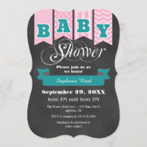 Pink Teal Chalkboard Flag Baby Shower Invite