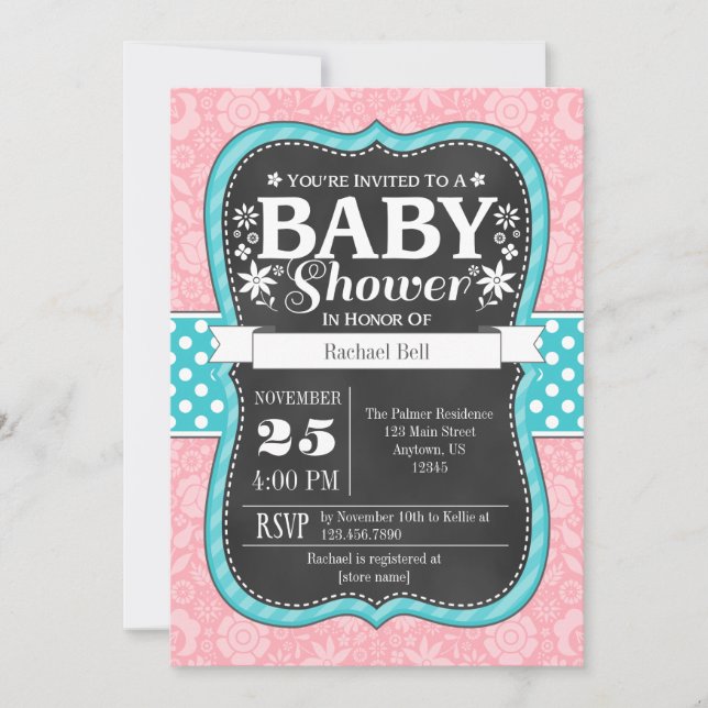 Pink Teal Chalkboard Floral Baby Shower Invite (Front)