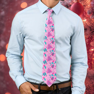 Pink Teal Christmas treecandy cane presents Neck Tie