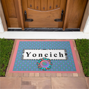Pink-Teal Clover Ribbon by Kenneth Yoncich Doormat