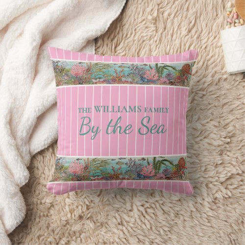 Pink  Teal Coastal Sea Ocean Custom Reversible Throw Pillow