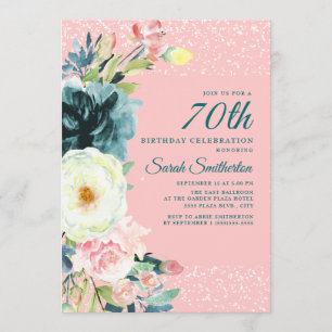Pink Teal Cream Floral 70th Birthday Invitation