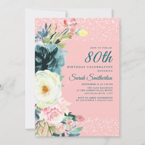 Pink Teal Cream Floral 80th Birthday Invitation