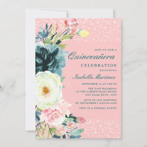 Pink Teal Cream Floral Quinceanera Birthday Invitation