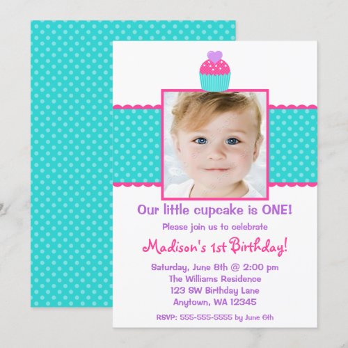 Pink Teal Cupcake 1st Birthday Girl Photo Custom Invitations
